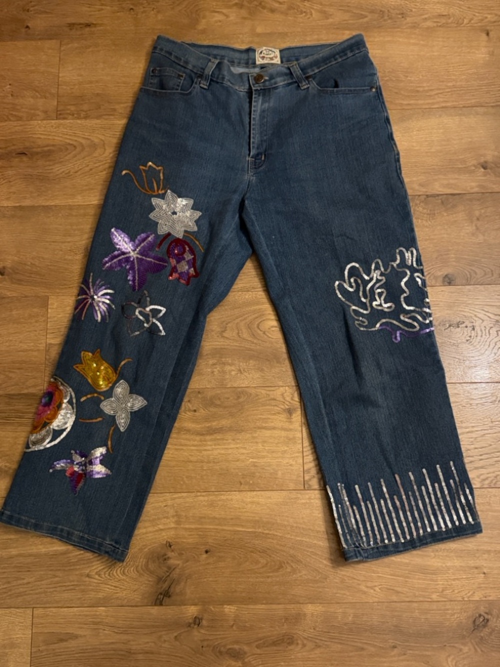 Embellished Dark Blue Flare Jeans with Sequin Floral Details